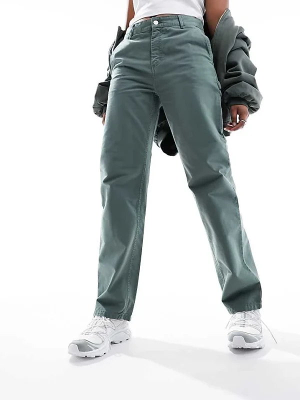 Carhartt WIP Pierce Straight Leg Garment Dyed Trousers In Green For Women