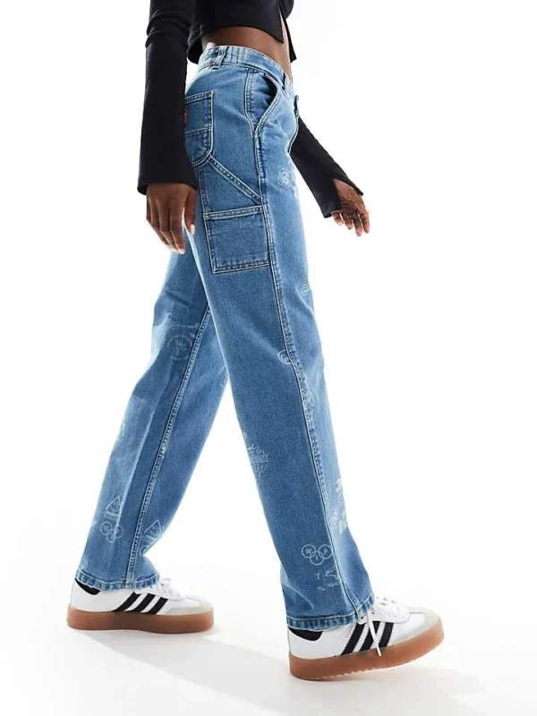 Carhartt WIP Stamp Print Relaxed Straight Fit Jeans In Bleach Wash For Women Blue