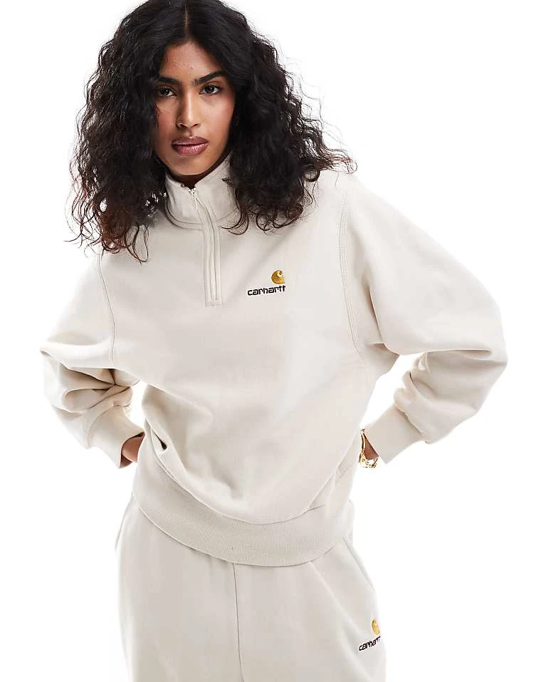 Carhartt WIP Co-ord American Script Half Zip Sweatshirt In Cream For Women 1 Carhartt WIP Co-ord American Script Half Zip Sweatshirt In Cream For Women